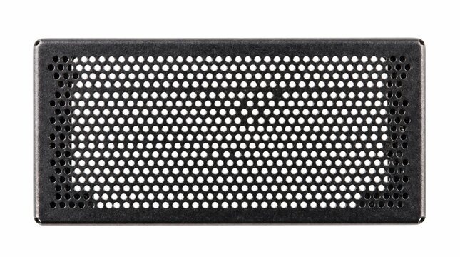 Close-up of a perforated black metal grille, a smartphone speaker component isolated on white.