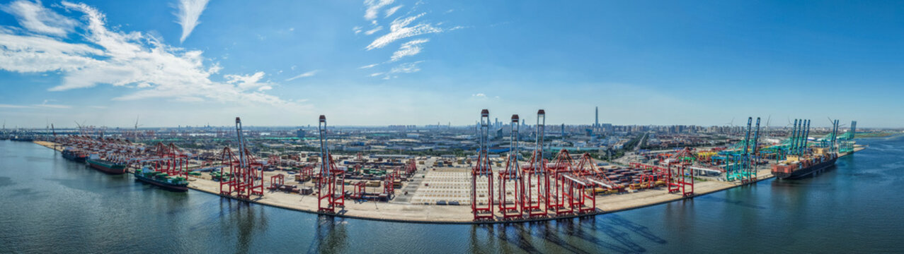 Shanghai Yangshan Deep Water Port container terminal panoramic view with cranes and cargo ships