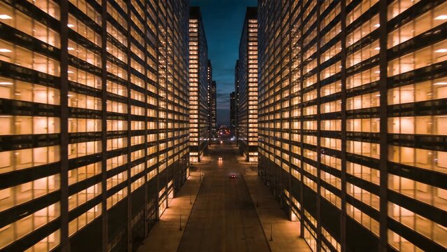 Tall buildings with lit windows at night
