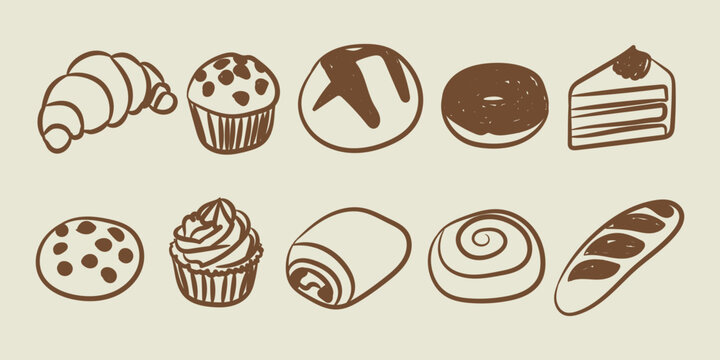 Cute bakery breads doodle illustration art collection hand drawn pastry food set outline vector design
