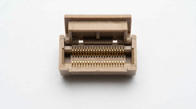 Closeup of an open beige FPC connector on a white background, electronic component