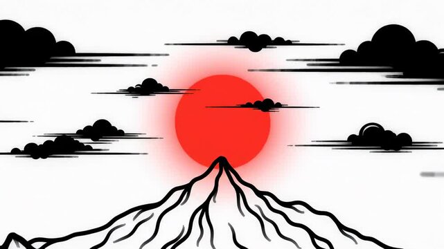 Minimalist Japanese sumi-e ink style illustration of a mountain peak with a red sun and black clouds.