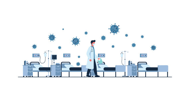 A medical doctor in a white lab coat walks past rows of empty hospital beds with intravenous poles in a clinical ward filled with floating virus particles under bright lighting.