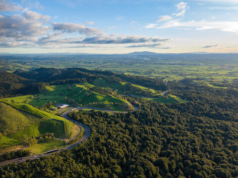 Aerial view of New Zealand State Highway 29 winding down the Kaimai Range into the Waikato region