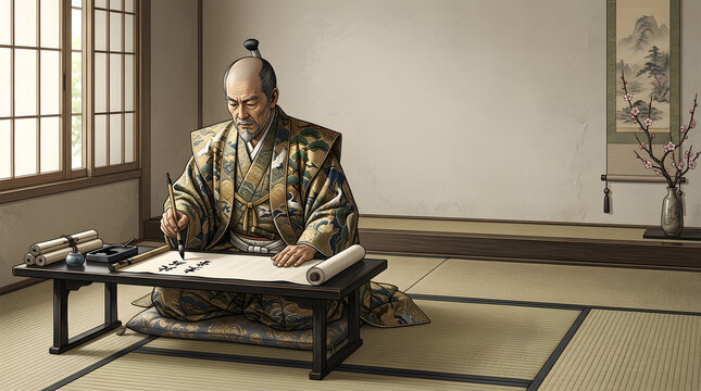Elderly Japanese man in traditional kimono writing calligraphy on scroll