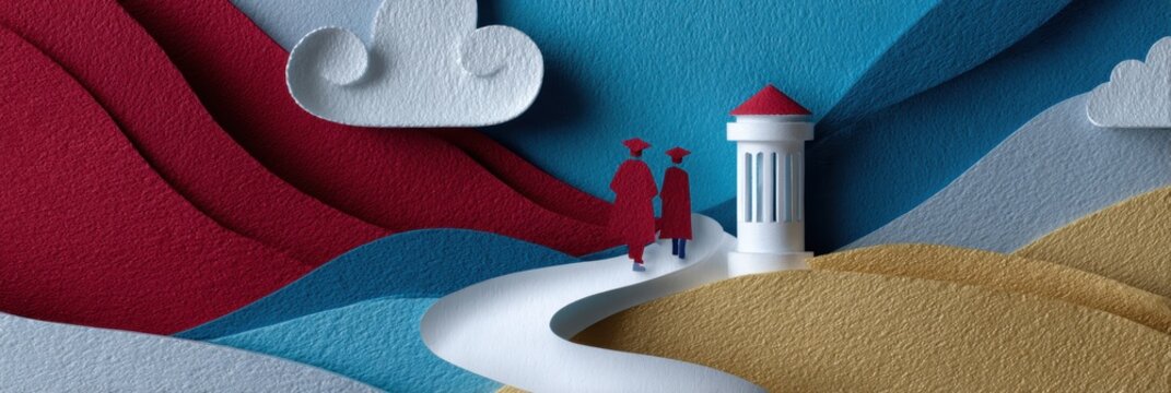 paper cutout graduation, create a d cgi web banner for graduation with a tactile layered paper cutout art style features a university library facade and figures in caps and gowns walking toward a