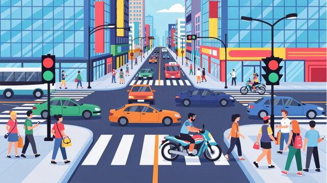 People Cross Street City Traffic Lights.