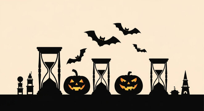 Halloween pumpkins and bats silhouette with hourglasses and buildings.