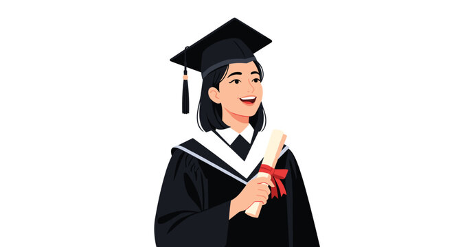 A happy graduate student dressed in black robes and a matching cap holds a diploma tied with a red ribbon while looking towards the side against a white background.