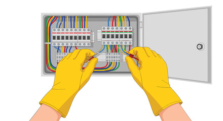 Fototapeta premium A technician wearing yellow protective gloves carefully manipulates multi-colored electrical wires inside a gray metal circuit breaker box in a bright industrial workspace environm