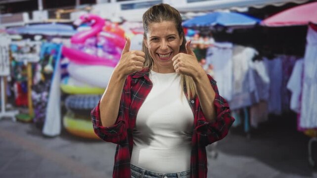 Young woman gives double thumbs up in front of street market stalls with inflatable pool rings and clothing; joyful confidence.