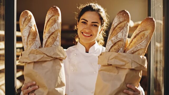 This shows a baker happily holding freshly baked bread in paper bags in a bakery setting, conveying a sense of warmth and inviting atmosphere.