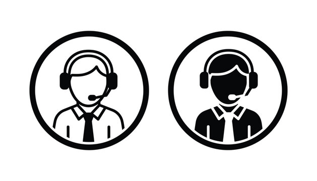 Customer support operator with headset in a circle outline and solid black icon set for service help desk and contact center branding isolated on white background