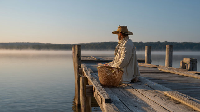 Weathered wooden dock stretching over calm lake at summer solstice dawn, lone fisherman in canvas hat adjusting handwoven creel basket, mist lifting off still water, dragonflies hovering, golden mor