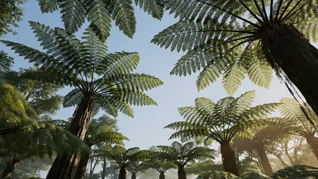 Lush prehistoric jungle landscape with ancient fern trees and dense tropical vegetation under a clear sky.