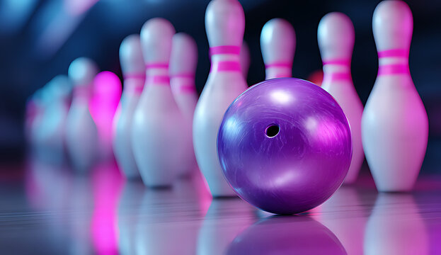 A purple bowling ball is rolling down the alley
