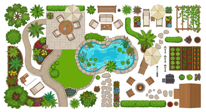 aerial view garden plan with pool and landscaping vector illustration