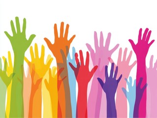 Fototapeta premium Vibrant, diverse raised hands against white background, symbolizing community, participation, and unity.