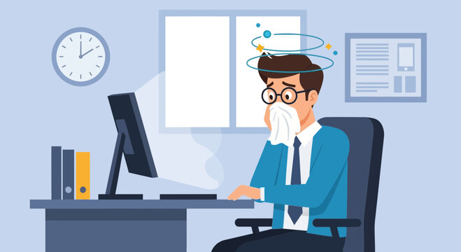 Ailing Businessman Experiencing Dizziness and Illness While At His Office Workspace