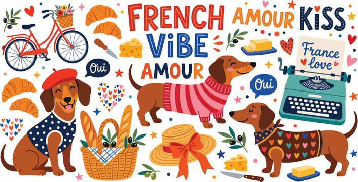 Charming French Vibe Illustration Set with Dachshunds and Pastries