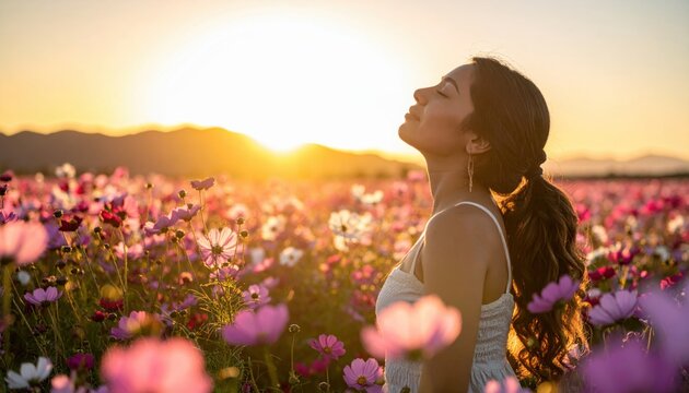 A smiling young woman finds joy in a sunlit green meadow, embracing the beauty of nature and spring flowers in a serene outdoor field