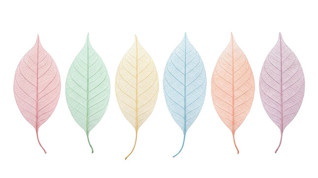 Pastel skeleton leaves in a row, delicate translucent leaf veins, colorful botanical specimen collection for nature design and organic patterns isolated PNG with Transparent Background