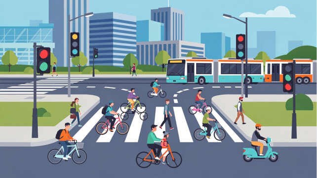 People Riding Bicycles Cross Street.
