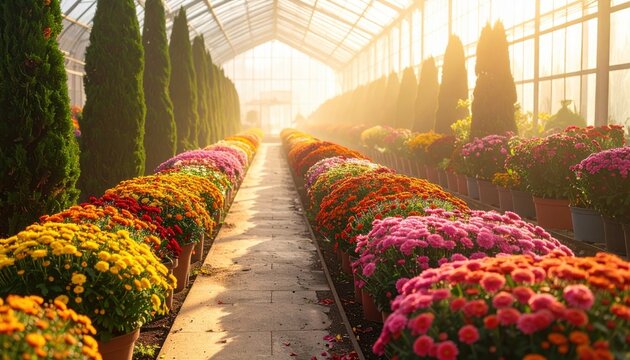 Vibrant flora cultivation thrives within a sunlit glasshouse nursery, showcasing seasonal flowers growing for the local market through expert horticulture and interior gardening