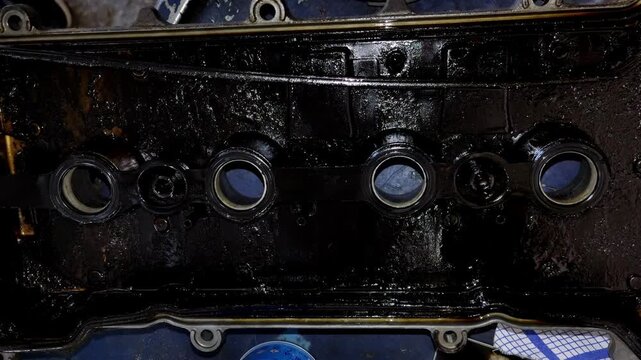 Dirty car valve cover interior coated in thick black sludge.