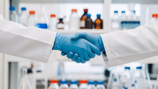 Medical professionals shaking hands in laboratory setting representing collaboration and healthcare partnership in a clinical environment with scientific equipment and supplies
