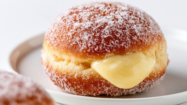 Close up of a single round sugar coated donut filled with smooth vanilla custard cream sitting on a white ceramic plate against a bright clean studio background