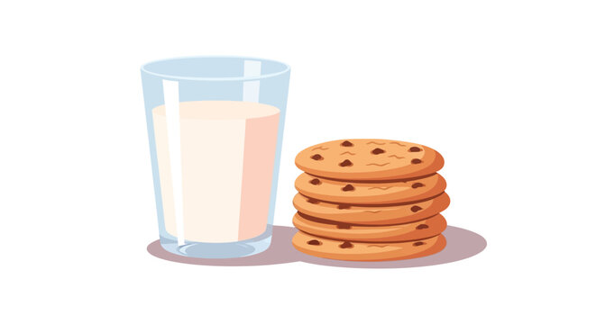 A refreshing glass of milk served with a stack of delicious chocolate chip cookies. EPS Editable. Vector Illustrations.