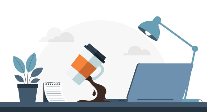 A spilled cup of coffee on a modern office desk. EPS Editable. Vector Illustrations.