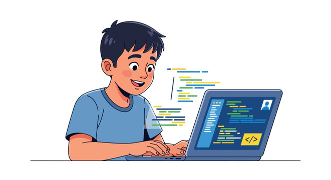 A young boy excitedly learning to code on a laptop computer. EPS Editable. Vector Illustrations.
