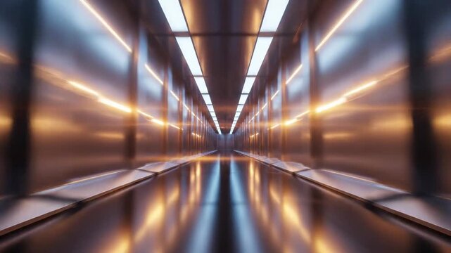 Futuristic digital server room corridor with blue neon lights and reflective metallic surfaces representing cloud computing infrastructure.