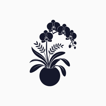 Elegant Orchid Flower Vase Silhouette with Decorative Botanical Leaves Vector Illustration