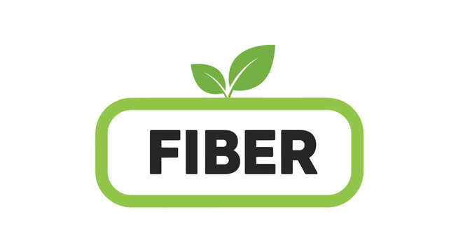 Green rounded label with the word fiber and a leaf symbol representing healthy nutrition, high fiber food products, and dietary health.