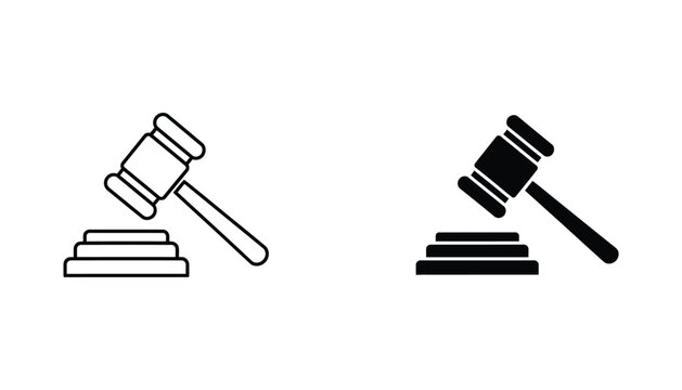 Judge gavel icon set showing wooden mallet on sound block in outline and solid black silhouette styles for legal concepts