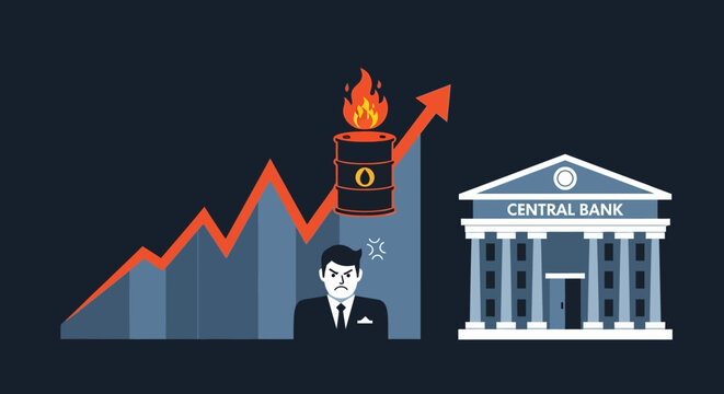 Conceptual illustration showing rising oil prices affecting central bank monetary policy. EPS Editable. Vector Illustrations.
