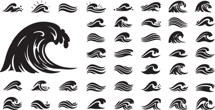Large breaking ocean wave and numerous small wave icons