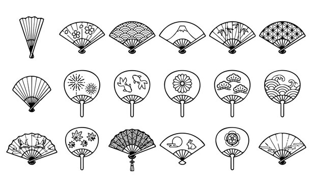 Japanese fan icon set featuring traditional folding fans oriental hand fans sensu uchiwa cultural symbols decorative asian art and ornaments