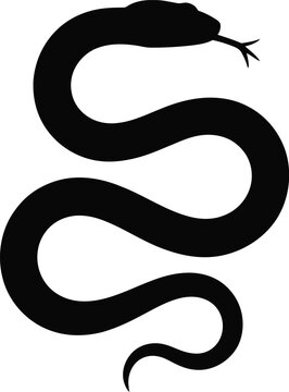 Black silhouette of a crawling snake with a forked tongue, minimalist featuring a winding, curved body shape, isolated on a white background, representing a reptile for
