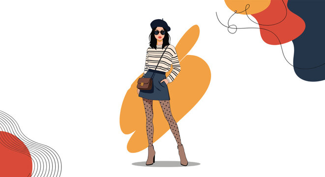 Fashionable woman wearing a beret, sunglasses, and a striped sweater standing against a background of abstract organic shapes.