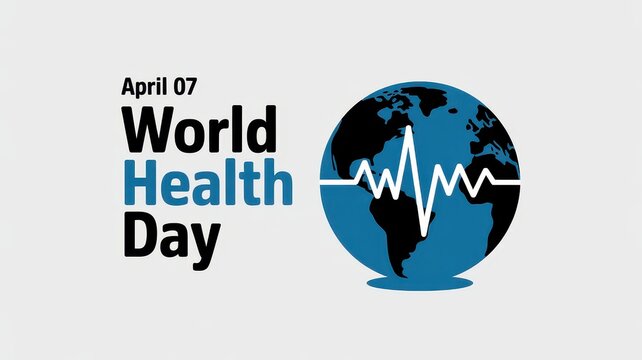 World Health Day April 07 banner with blue globe and heartbeat line on light grey background