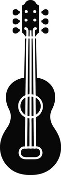 Black silhouette of an acoustic guitar with six strings and tuning pegs, isolated on a white background, representing music, musical instruments, entertainment, and artistic performance culture