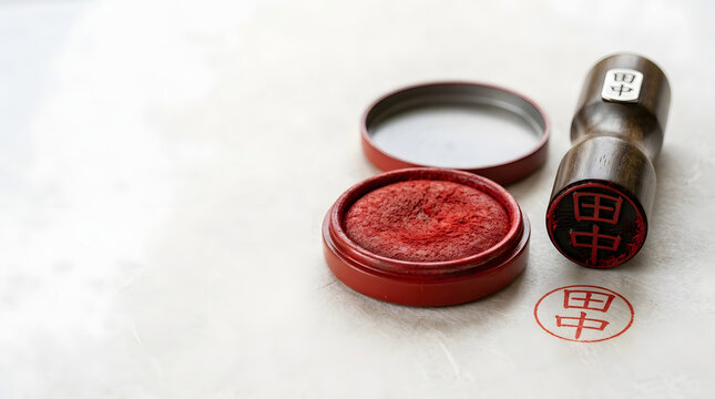 Japanese hanko stamp and red ink pad on textured surface