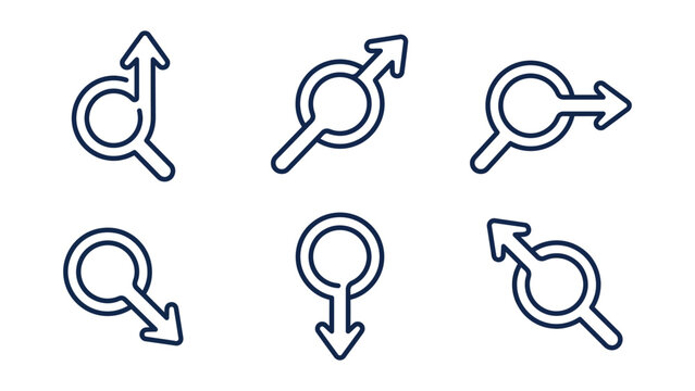 continuous line art a Six gender symbols on white background.
