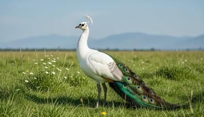 Fototapeta premium White Egret Bird Standing in Grassy Meadow under Blue Sky