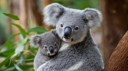 Obraz premium Close-up of a koala and her cub in a forest setting, wildlife family concept, Australian animal photography, mother and baby koala, defocused background, with copy space