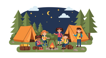 Naklejka premium Group of diverse children camping together around a campfire at night. EPS Editable. Vector Illustrations.